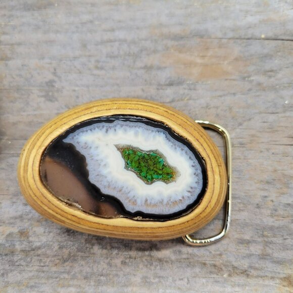 Carved Wood Brass Belt Buckle Inset Sliced Agate Geode Enamel Unisex - Picture 5 of 13